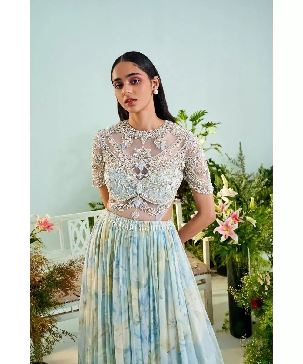 MANI BHATIA - Ice blue floral print Anarkali with Dupatta